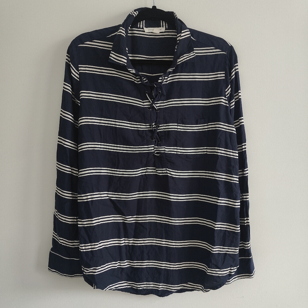 Beach Lunch Lounge Striped Blue White Lace Up Blouse Size L